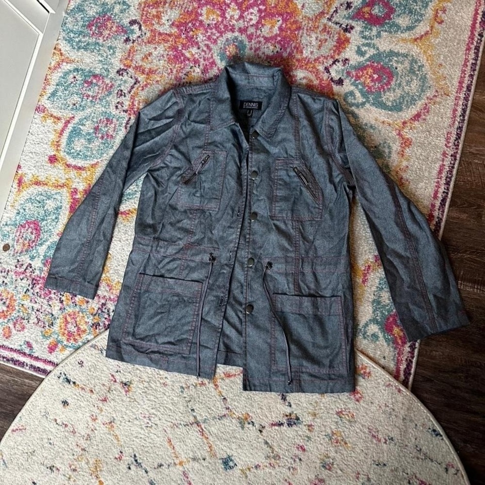 Dennis Bassi Blue denim jacket with red stitching zipper pockets